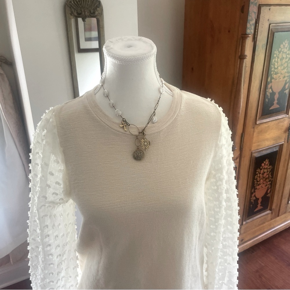 Versatile Anthropologie shopped Maeve top ivory see through sleeve